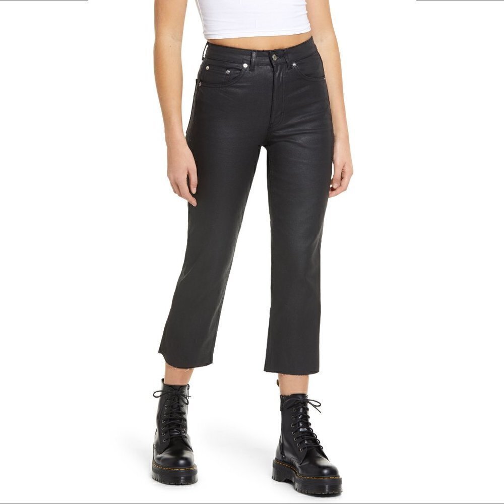 Topshop black coated straight jeans raw hem cropped high rise denim new 24